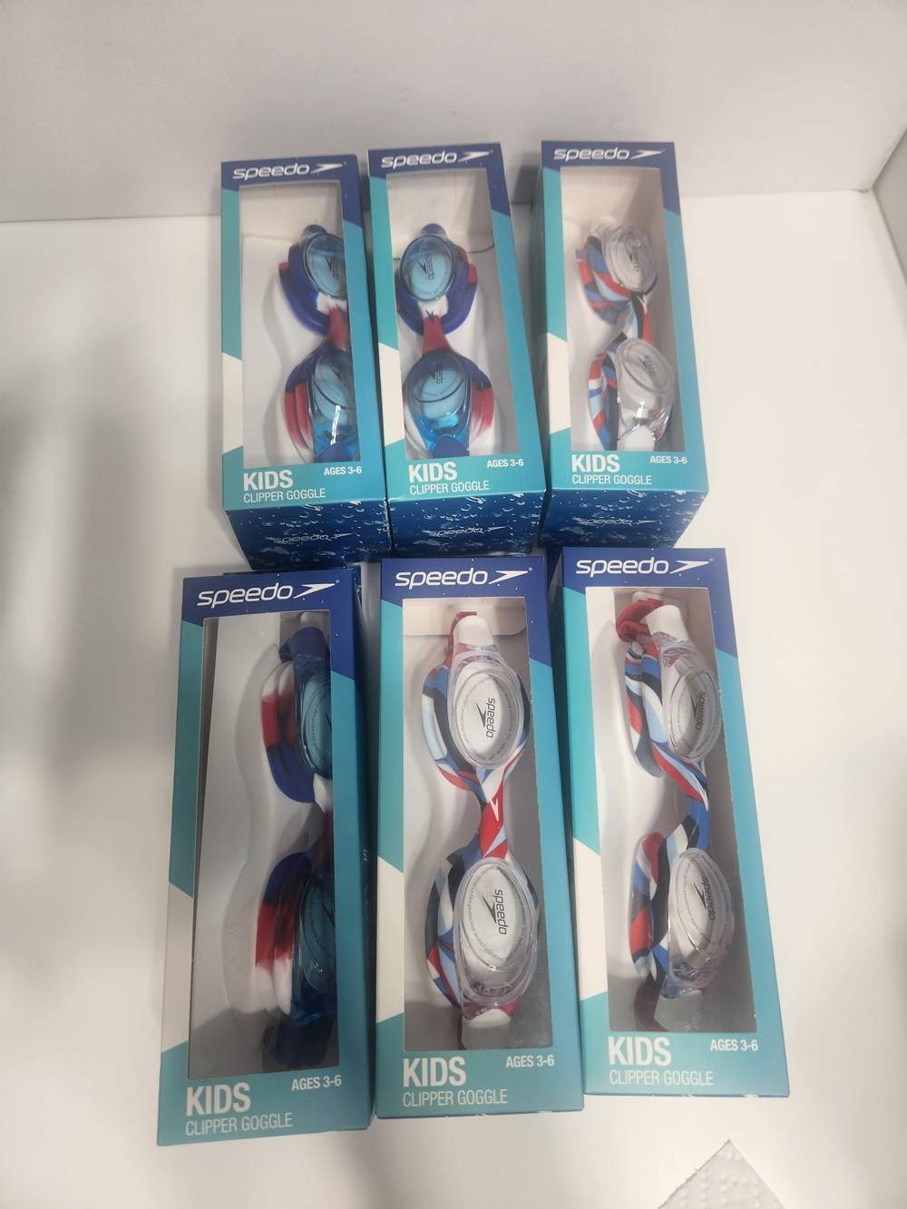 lot of 6 Speedo Kids Clipper Goggles – Blue/Red/White